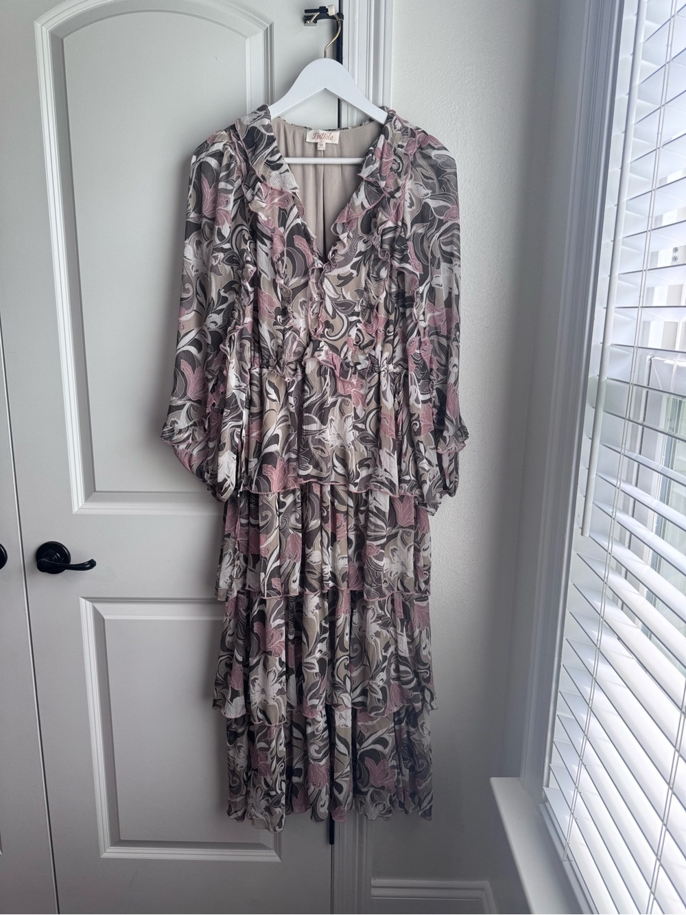 Listicle Pink and Gray Swirl Tiered Ruffle Maxi Dress